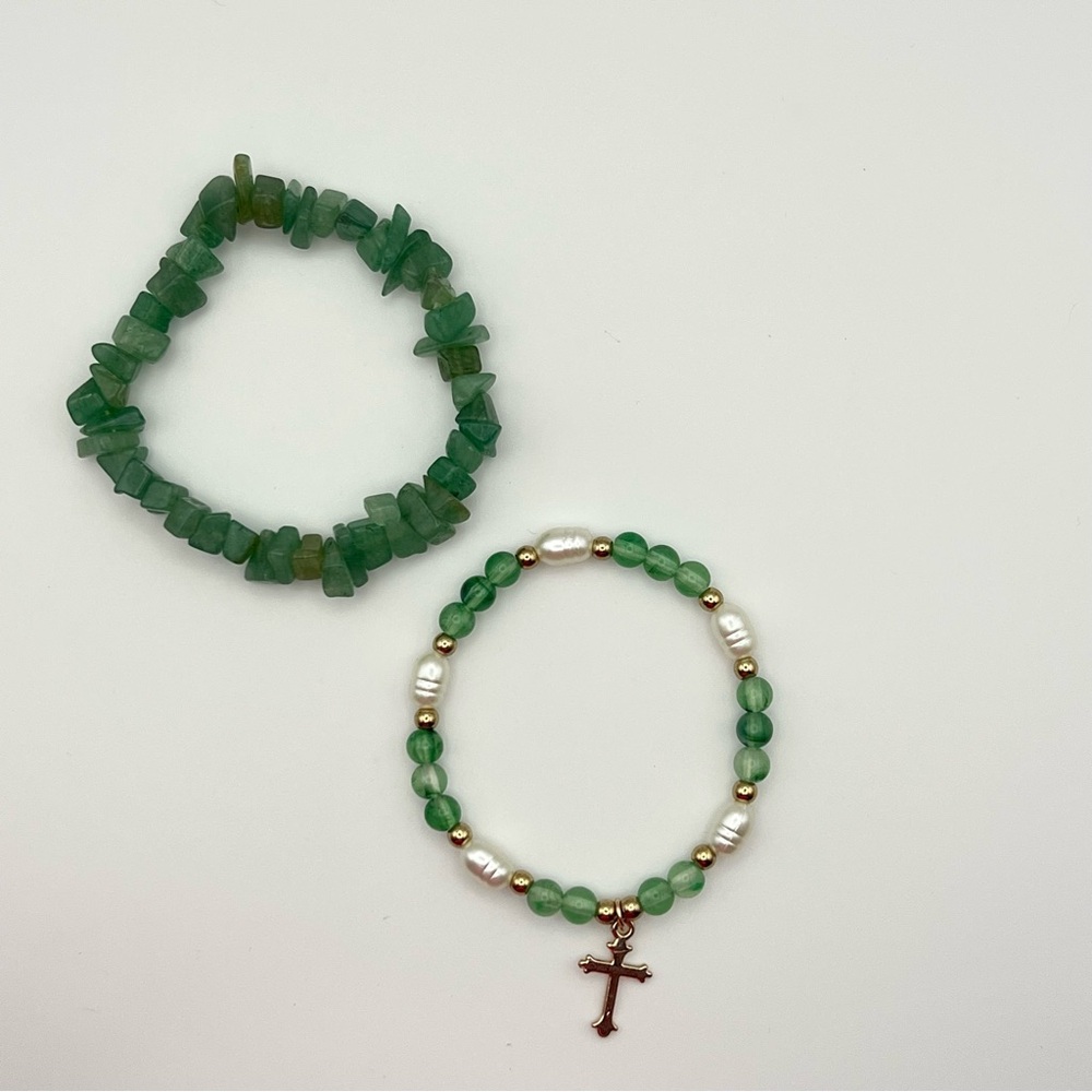 Green Aventurine Pearl Beaded stack Bracelet Set with Cross Charm Boho - Picture 5 of 6